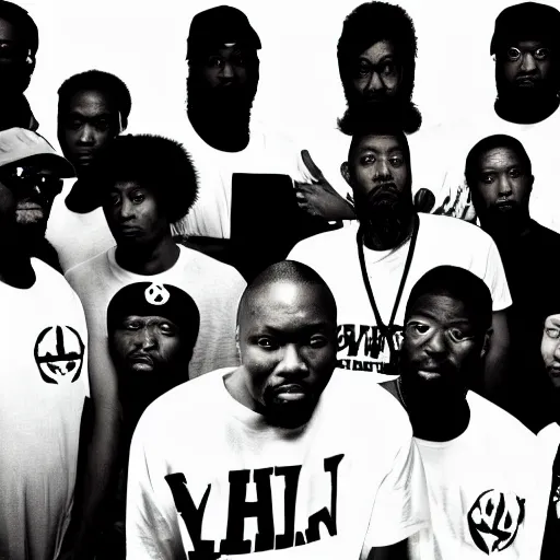 Prompt: monochrome HD digital photograph of the wu tang Clan