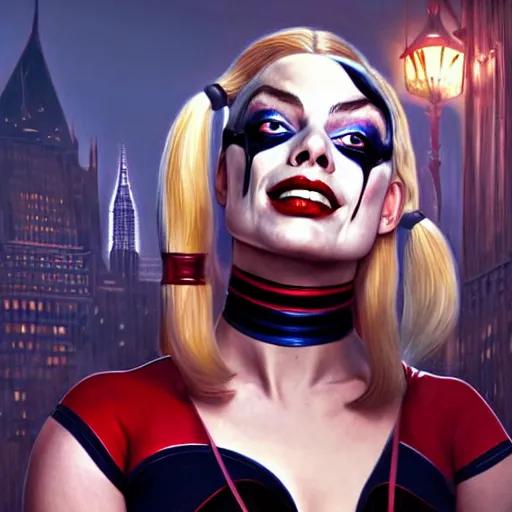 Image similar to perfectly-centered-Portrait of margot robbie as harley quinn licking a mouse, gotham city backround, intricate, elegant, super highly detailed, professional digital painting, artstation, concept art, smooth, sharp focus, no blur, no dof, extreme illustration, Unreal Engine 5, 8K, art by artgerm and greg rutkowski and alphonse mucha and loish and WLOP