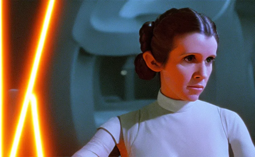 Prompt: screenshot of Princess Leia by herself, training to use a yellow lightsaber at a new desolute Jedi Temple, iconic scene from The Force Awakens the 1970s film directed by Stanley Kubrick, stunning cinematography, hyper-detailed, crisp, sharp, anamorphic lenses, kodak color film stock, 4k