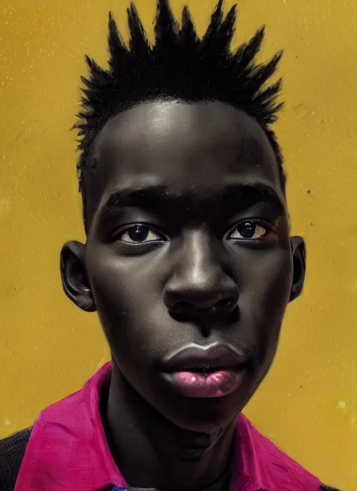 Image similar to portrait of a nigerian teen boy with a crooked nose and a confident expression, 1 9 6 0 s, black clothes, goth, punk, brightly coloured hair, funk, intricate, elegant, highly detailed, digital painting, artstation, concept art, smooth, sharp focus, illustration, art by wlop, mars ravelo and greg rutkowski