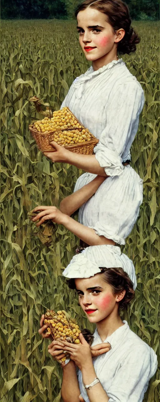 Prompt: photo photorealistic medium shot head and chest portrait photograph Emma Watson picnic in a corn field 1950s portrait by Norman Rockwell