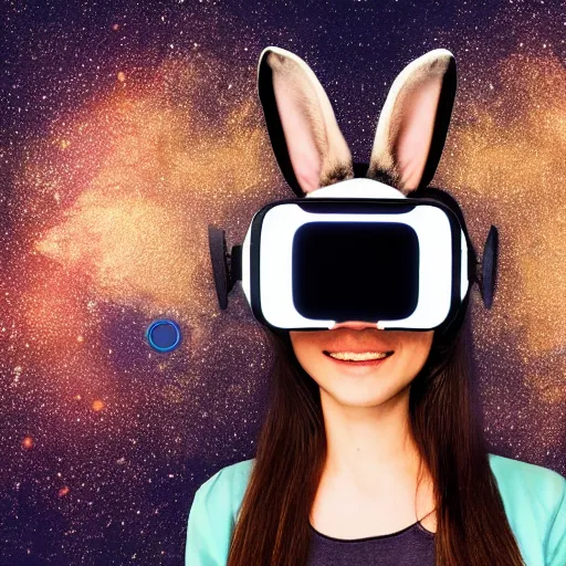 Image similar to a rabbit wearing a virtual reality head-mounted-display, digital portrait, black background with stars