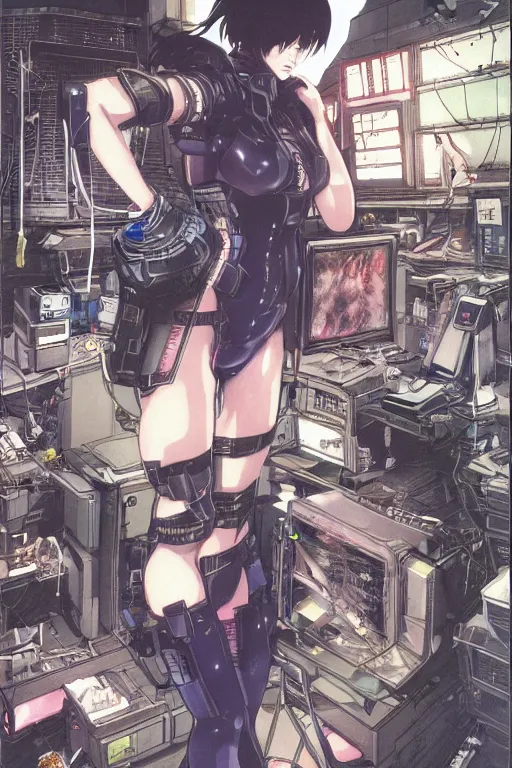 Image similar to hyperdetailed cyberpunk anime illustration of motoko kusanagi in lab getting repaired, by masamune shirow and katsuhiro otomo