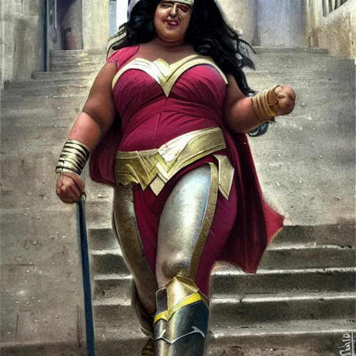 Prompt: a portrait obese indian woman dressed as wonder woman on steps in Porto, detailed, art station, greg rutkowski