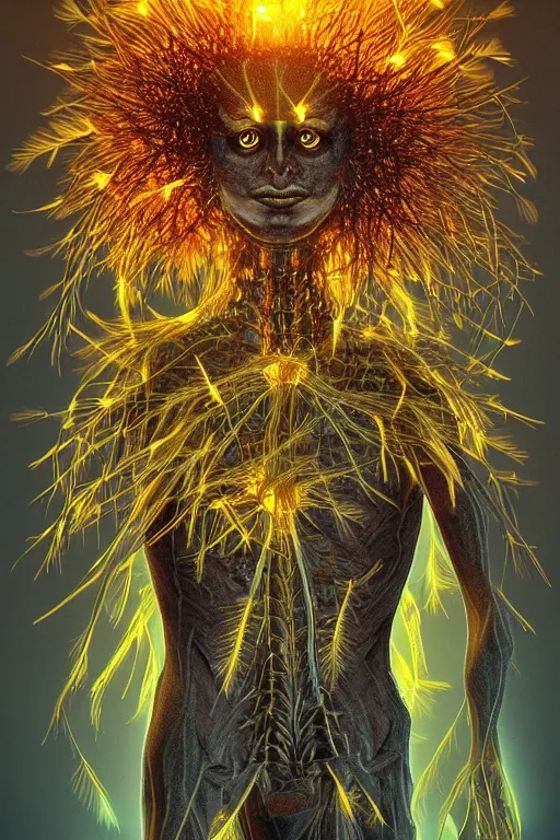 Image similar to glowing dandelion humanoid figure monster, symmetrical, highly detailed, digital art, sharp focus, trending on art station, amber eyes, autumnal colours