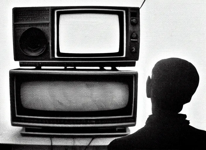 Image similar to high resolution black and white portrait with a 3 5 mm f / 5. 0 lens of a vintage 1 9 8 4 television set with soviet union test card signal interference. a bit of a person can be seen on the screen.