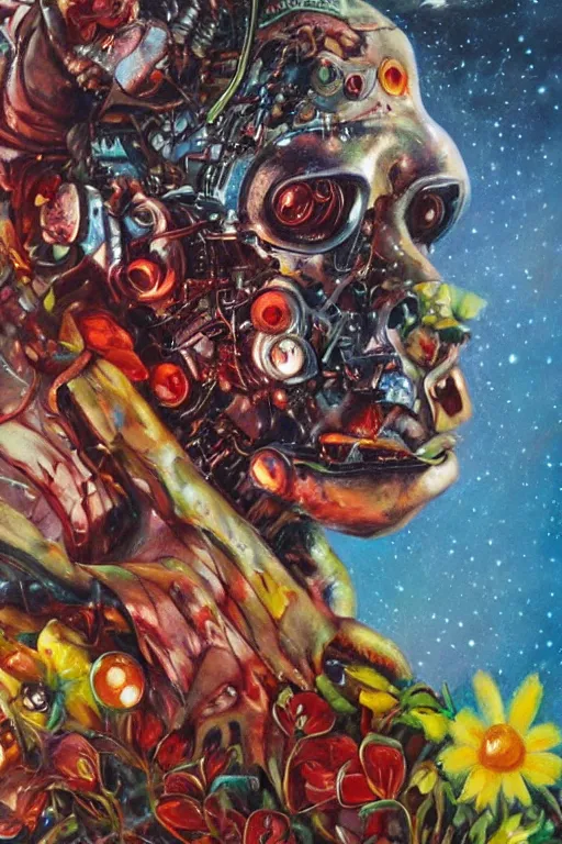 Image similar to oil painting, close-up, hight detailed, melting cyborg with flowers everywhere at red planet, in style of 80s sci-fi art, neodada