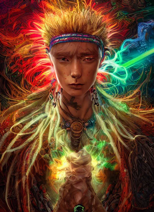 Image similar to An epic fantasy comic book style portrait painting of a wild shaman tripping on Ayahuasca, Shipibo patterns made of lasers, fisheye lens, unreal 5, DAZ, hyperrealistic, octane render, cosplay, RPG portrait, dynamic lighting