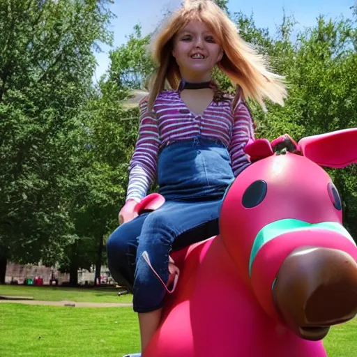 Prompt: girl riding a giant schanuzer dog at the park