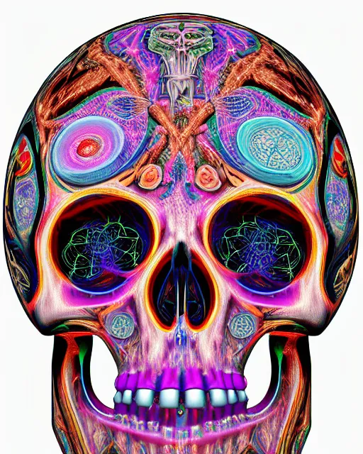Prompt: skull by luis toledo and alex grey and beeple