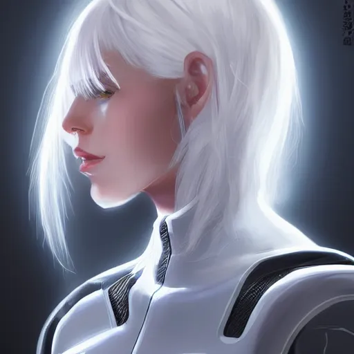 Image similar to beautiful white haired woman dressed in see through space suit in the style of zezhou chen artstation highly detailed, smooth, sharp focus