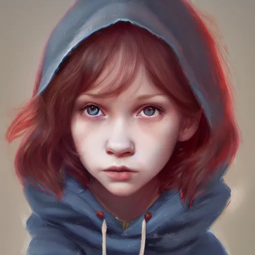 Image similar to a tiny girl with short red hair wearing a hoodie, digital art, cute face, very beautiful face, pretty face, very detailed eyes, full body illustration, 8 k resolution, soft painting, by greg rutkowski, wlop, rossdraws,