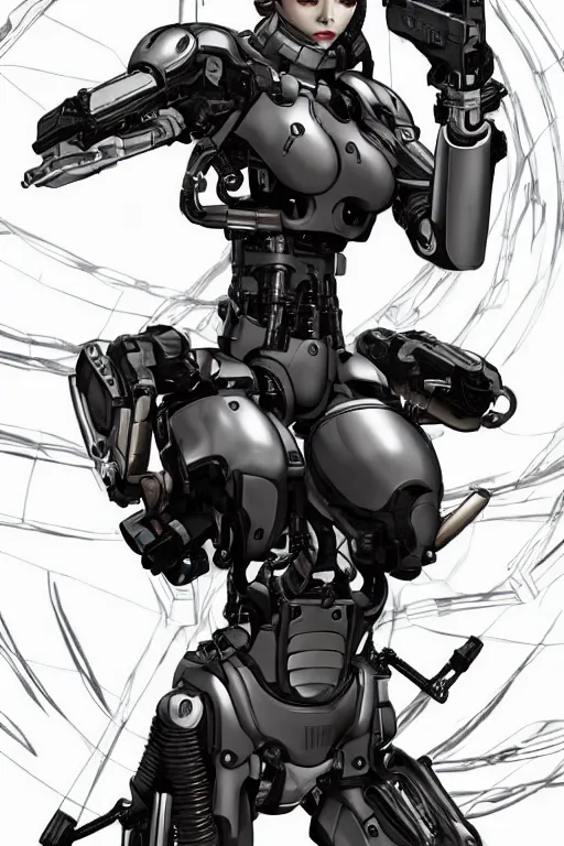 Image similar to full body illustration!! a female cyborg with hollow skull eyes, very symmetrical face!! highly detailed, by yoji shinkawa, by kenny carmody, by ryouta otsuka, by hideyuki ashizawa, by marc nagel, by arknect metal gear solid, transformers cinematic universe, deviantart, artstation, pinterest, unreal engine