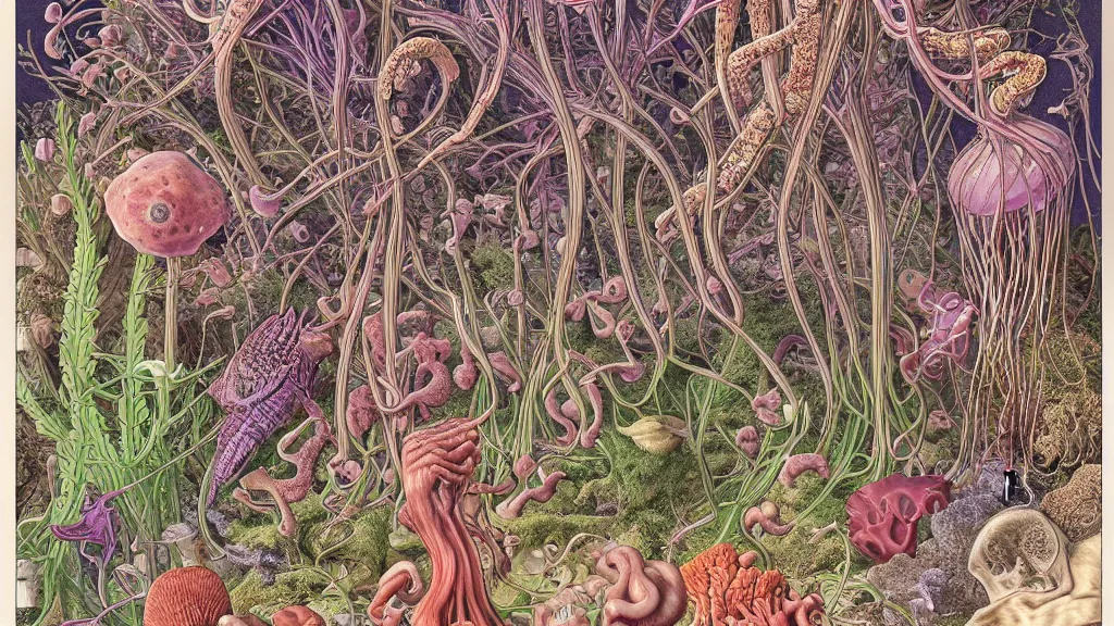 Image similar to highly detailed illustration human anatomy with all the known species of plants, flowers, corals, mushrooms and jellyfish by juan gatti, by moebius!, by oliver vernon