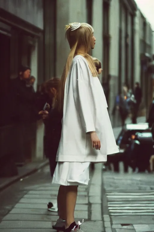 Image similar to high quality realistic street photo of girl, stylish hairstyles, clothes in the style of 1 9 9 0, fashion style clothes from maison margiela and off - white ; kodak ektar, 2 0 0 iso, 3 5 mm lens, bill henson style beautiful chiaroscuro lighting, beautiful colour palette, beautiful and realistic, wide shot