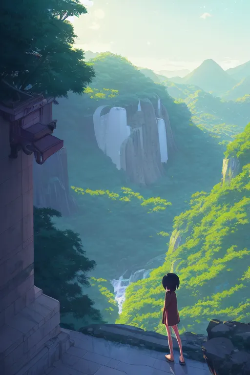 Image similar to evergreen valley, waterfalls, ancient marble city, tall buildings, wide view, landscape, by makoto shinkai and lois van baarle, ilya kuvshinov, rossdraws, tom bagshaw, global illumination, morning light, radiant light