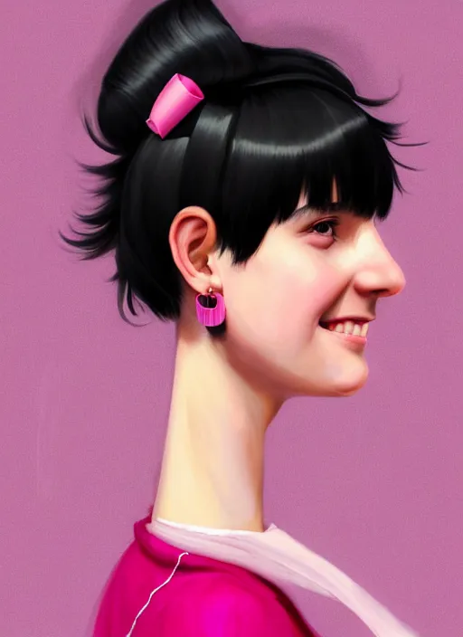 Image similar to portrait of high school girl, realistic, black hair, bangs, half updo hairstyle, pointy nose, skinny, smile, ugly, defined jawline, big chin, pink hair bow, earrings, intricate, elegant, glowing lights, highly detailed, digital painting, artstation, sharp focus, illustration, art by wlop, mars ravelo and greg rutkowski