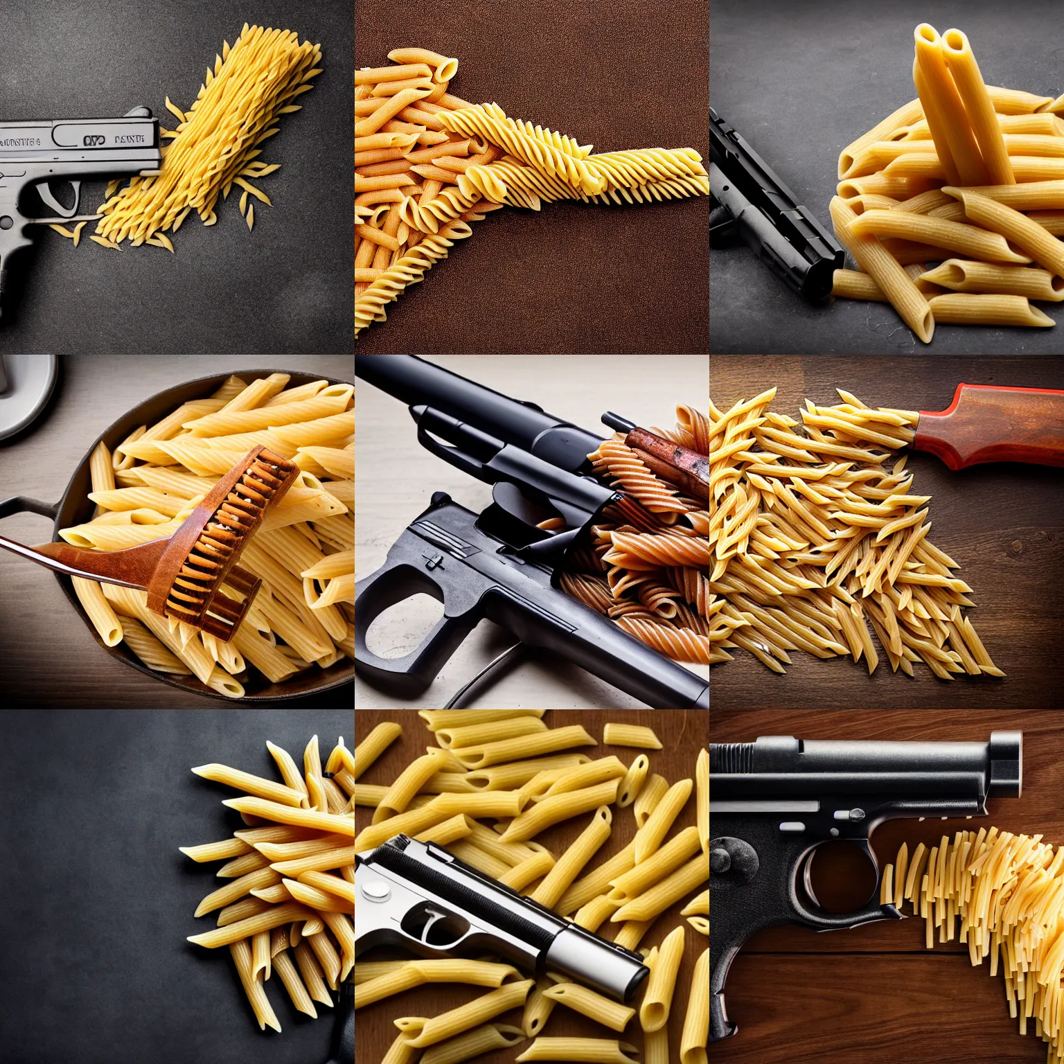 Prompt: long shot photograph of a monster made of penne pasta holding a gun, 4k, ultra HD, lots of detail