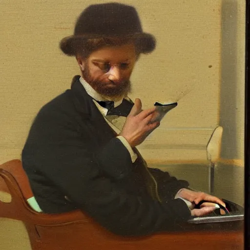 Prompt: a 19th century oil painting of a man having trouble working with his laptop