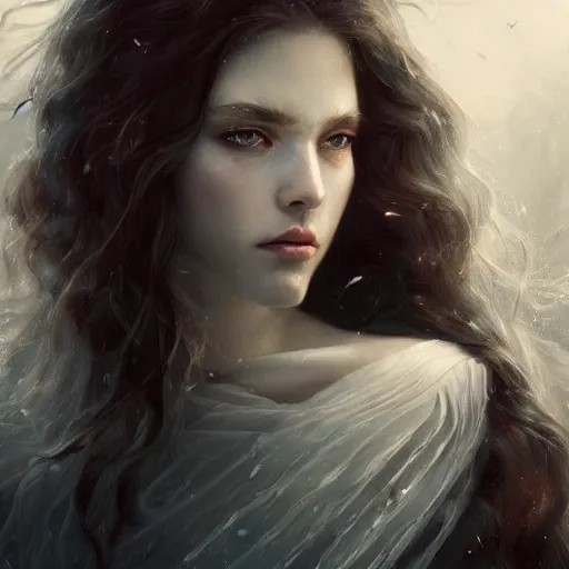 Prompt: a portrait of a ice queen with long dark curly hair and red eyes, stoic, pale skin, alone dramatic, epic painting, painted by artgerm and wlop, cgsociety, beautiful, artbreeder, artstation, octane render, sharpness, 8 k, golden ratio