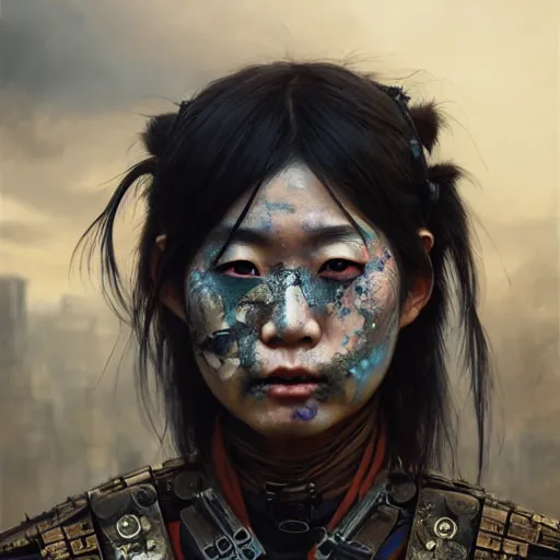 Image similar to portrait painting of a post - apocalyptic japanese lady with warpaint on her face wearing scrap samurai armor, ultra realistic, concept art, intricate details, eerie, highly detailed, photorealistic, octane render, 8 k, unreal engine. art by artgerm and greg rutkowski and charlie bowater and magali villeneuve and alphonse mucha