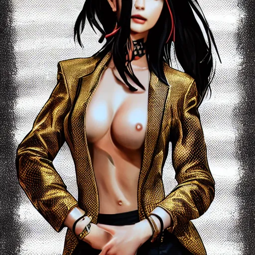 Image similar to yakuza slim girl, gold suit jacket in snake print, jacket over bare torso, yakuza tattoo on body, black short curtain haircut, black leather pants with black belt, elegant, 2d, ultra highly detailed, digital painting, smooth, sharp focus, artstation, art by artgerm, rossdraws