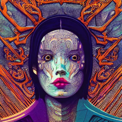 Image similar to a girl with huge shiny silver eyes, colored woodcut, poster art, by Mackintosh, art noveau, by Ernst Haeckel, bright pastel colors, 8k, octane render,