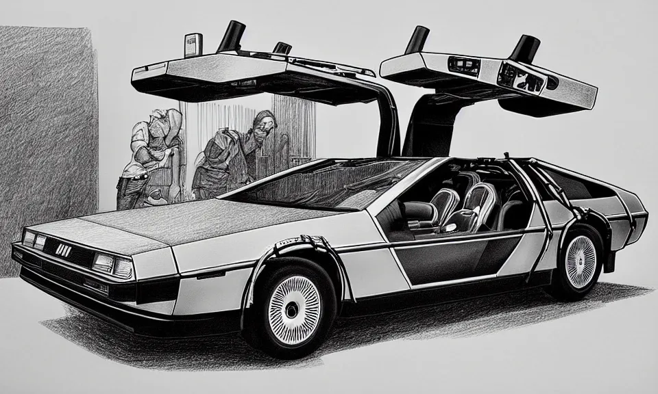 Prompt: a highly detailed drawing of the delorean from back to the future, technical drawing, black and white