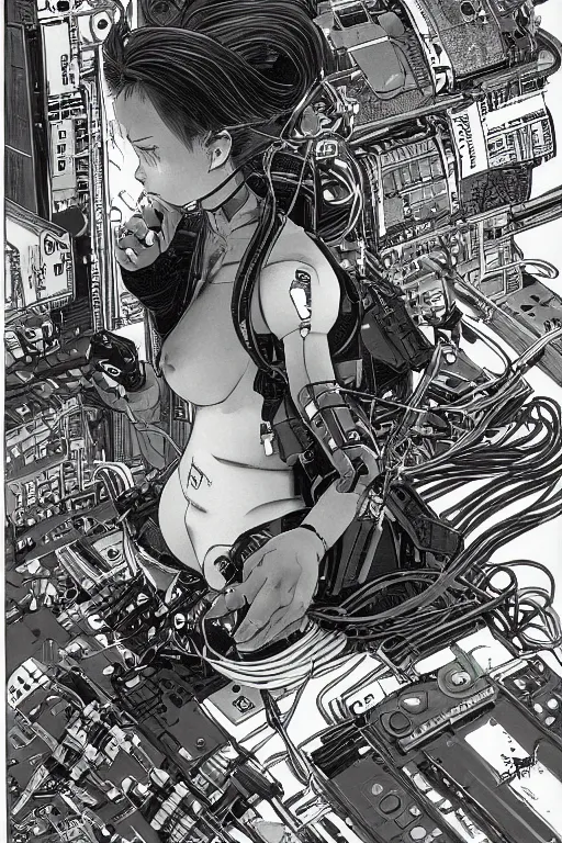 Image similar to an hyper-detailed cyberpunk illustration of a female android seated on the floor in a tech labor, seen from the side with her body open showing cables and wires coming out, by masamune shirow, and katsuhiro otomo, japan, 1980s, centered, colorful