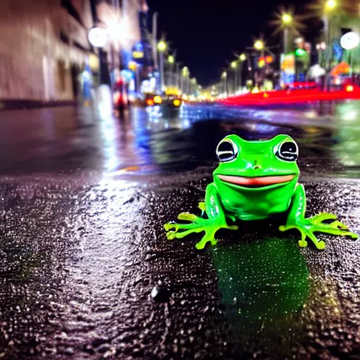 Image similar to photo, night, rain, modern street, light, close up the frog on wet road