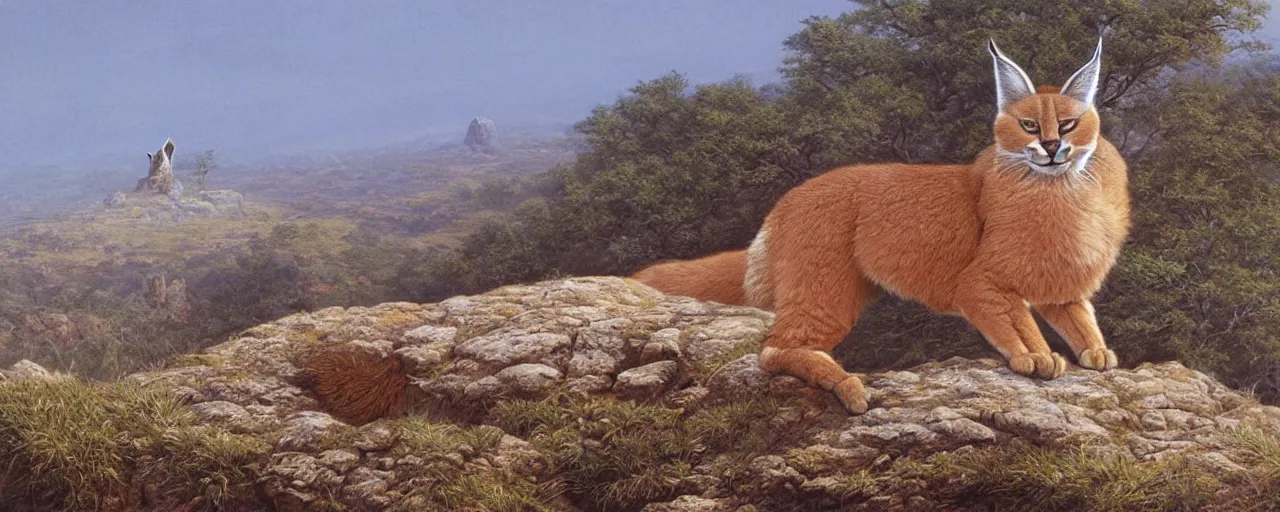 Image similar to a cute fluffy caracal on a high hill landscape with a circle of four large stones like fingers on the top, by ted nasmith