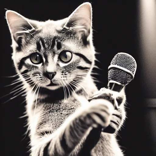 Prompt: a cat holding a mic singing on stage in Broadway, theater, photo