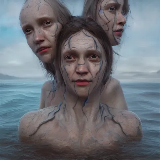 Image similar to a three headed sea hag, extremely detailed oil portrait, digital art, oil painting, unreal 5 render, digital art, octane render, beautiful composition, trending on artstation, award winning photograph, masterpiece