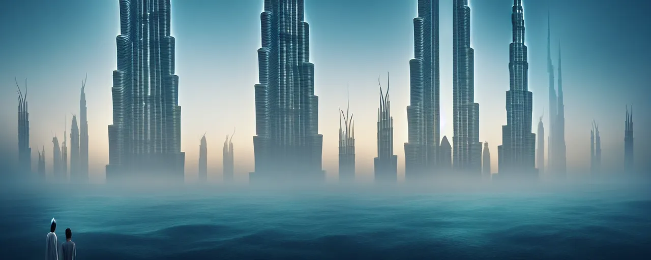 Prompt: ultra realistic muted colors dubai city with burj khalifa horror photo of a dimly lit alien underwater landscape, very intricate details, focus, full frame image, high contrast, cgi render, artwork by tooth wu and wlop and beeple and greg rutkowski, award winning