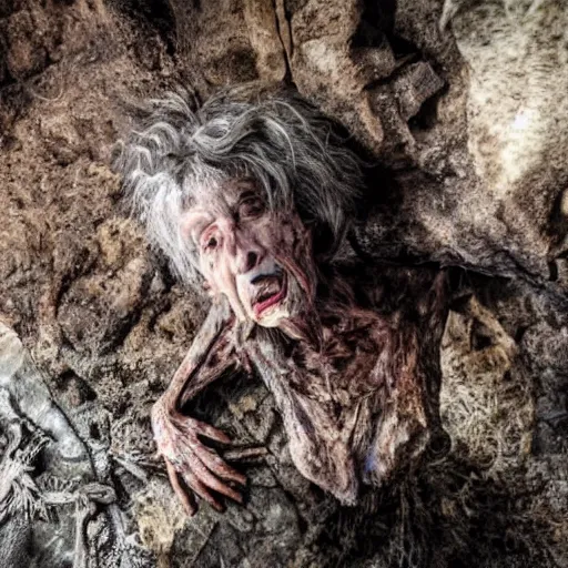 Image similar to an ultra realistic 8 k hdr photo of an elderly jagged raggedy witch woman crippled up and hunched over in a cave over a corpse with blood and meat and bones and mold and spider webs in the year 1 4 0 0