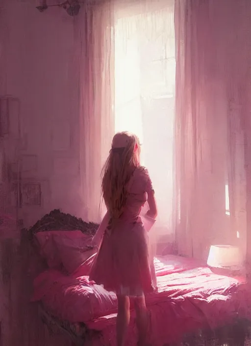 Image similar to portrait of a beautiful girl in her bedroom, shades of pink, beautiful face, rule of thirds, intricate outfit, spotlight, by greg rutkowski, by jeremy mann, digital painting