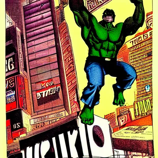 glossy old advertising poster, hulk jumping on times | Stable Diffusion