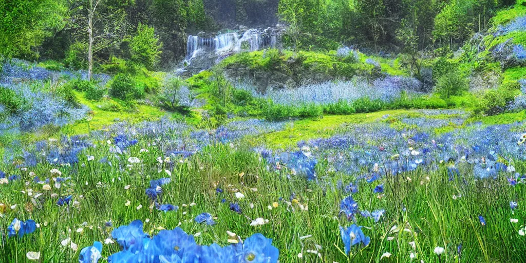 Prompt: a fantasy meadow landscape with waterfall patches of blue flower, digital art