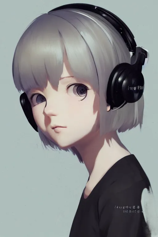 Prompt: a cute young woman listening to music with her eyes closed and wearing headphones in the style of Ilya Kuvshinov and Range Murata, white bob cut hair, freckles, dark thunderclouds in the backround, soft lighting, cinematic, moody, nier automata, poster, oil on canvas, 8k