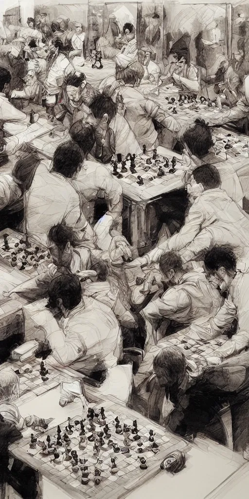 Image similar to oil painting scene from chess championship by kim jung gi