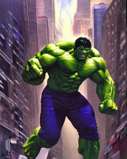 Image similar to a moody oil painting of the incredible hulk on a rampage in new york city by joe jusko. dramatic lighting. action and destruction.