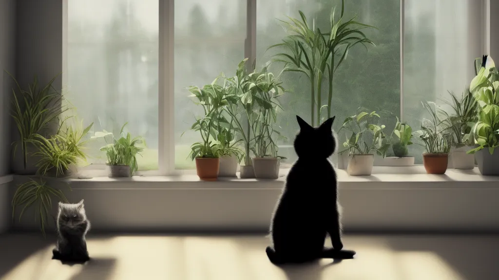 Image similar to peaceful dreamy painting of a content black cat sitting by a window and looking outside, sunshine coming through the window, small plants on the window sill, 8k, hyper realism, trending on artstation, octane render, concept art