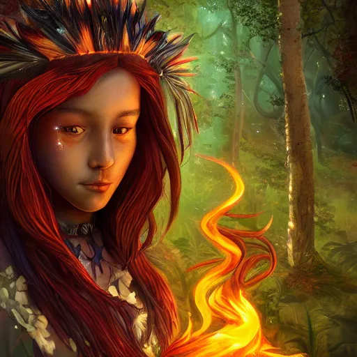 Prompt: magical astonishing dark forest is protected by an indigenous girl, her hair glows on fire as she protects the forest with her fire powers. trending on artstation, splash art hyper-detailed, 4K