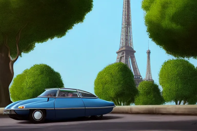 Image similar to a wholesome animation key shot of!! one!! focused! 1 9 7 4 citroen ds! in a tree lined paris street, view of eiffel tower, medium shot, studio ghibli, ( pixar ) and disney animation, sharp, very detailed, high resolution, rendered in unreal engine 5, anime key art by greg rutkowski, bloom, dramatic lighting