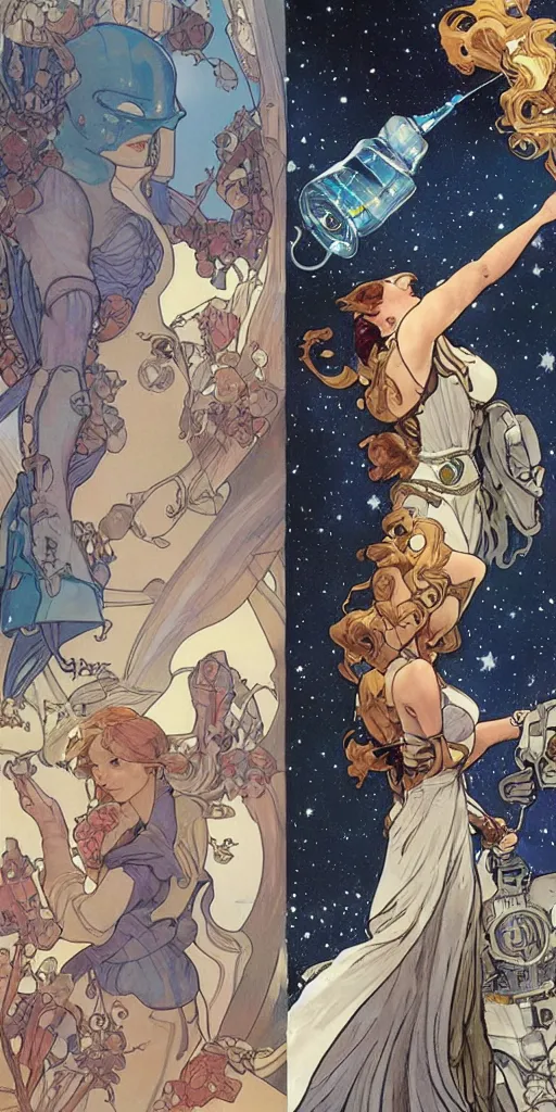 Prompt: a woman wearing outer space as a dress, pouring water from a vase into the milky way, by joe madura, by travis charest, by alphonse mucha, battle chasers.