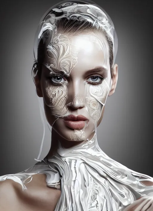 Prompt: a happy nubile young woman with reflections in her eyes and slicked hair, painted with intricate white paint pattern, asymmetrical, clear skin, futuristic, elegant, graceful, fashionable, cinematic, hyperdetailed illustration by irakli nadar and alexandre ferra, depth of field, global illumination,