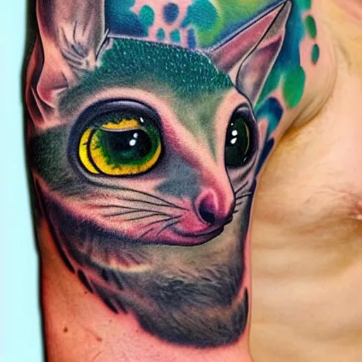 Prompt: shoulder tattoo of a multicolored trippy bushbaby