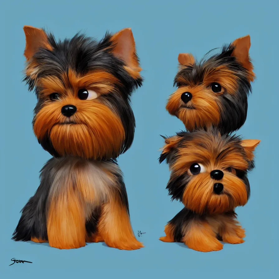 Prompt: Goro Fujita ilustration a very cute Yorkshire Terrier, with black and caramel fur on top of a plush monkey toy, painting by Goro Fujita, sharp focus, highly detailed, ArtStation