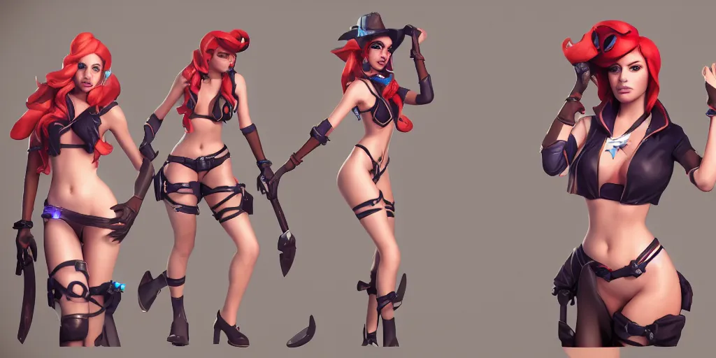 Image similar to Character sheet of pool party miss fortune (League of Legends). 3d, octane render, trending on artstation