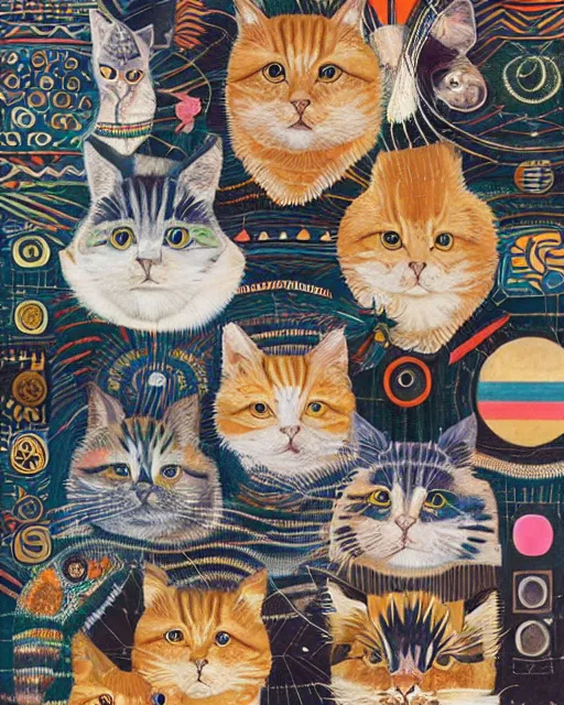Prompt: a tribe of fluffy cats interweaved hide and seek within an geometric collage art, by Hannah af Klint, Henriëtte Ronner-Knip and Felipe Pantone, theosophy series 4K detailed kitsch and typographic annotation, rule of thirds